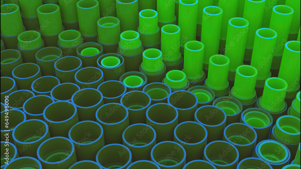Poster yellow and green rising geometric shapes. design. small 3d figures that take turns rising and fallin