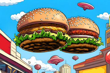 Fast Delivery - Flying burgers along the city street