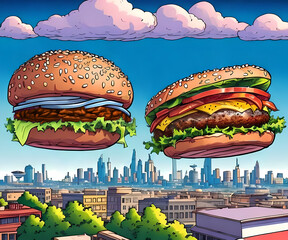 Hamburger and cheeseburger flying lile UFOs over the city