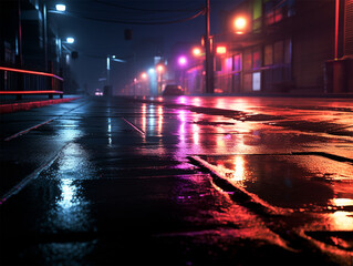Empty wet street in the night with colorful neon lights. Low angle view