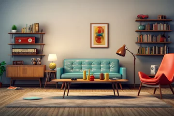 Deurstickers Concept living room interior design in the style of the Colourful 70s front view of retro living room with vintage blue sofa with radiogram retro interior room design with abstract wall art © RCH Photographic
