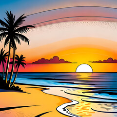 Sandy beach with palms at sundown - Cartoon style seascape