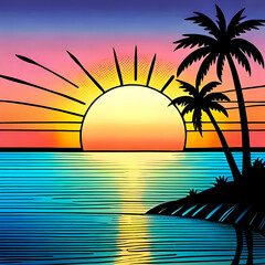 Sea beach with palms and setting Sun