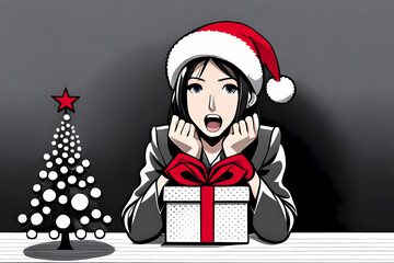 Saying something cartoon girl with Christmas tree and gift box