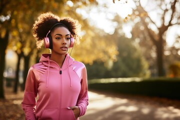 Portrait of young african woman wearing sport clothes running in a park.