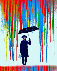 A man with a bucket of paint stands under more dripping paint with his umbrella for protection in a 3-d illustration about paint colors or color theory in decorating.