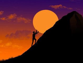 A silhouetted man at sunset looks as if her is pushing the setting sun up the side of a hill or is a least trying to prevent the sun from sinking in a 3-d illustration. - obrazy, fototapety, plakaty