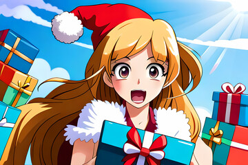 Cartoon blond Santa girl with a lot of boxed Christmas gifts