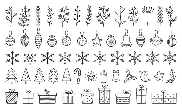Hand drawn set of Christmas design doodle elements. Snowflakes, Christmas balls, Christmas trees, gift box, winter branches in sketch style. Vector illustration isolated on white background