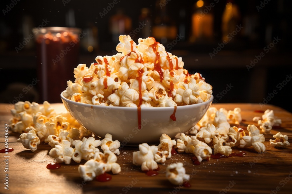 Poster appetizing popcorn. background with selective focus and copy space