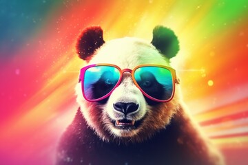 Cute panda in sunglasses. Portrait with selective focus and copy space
