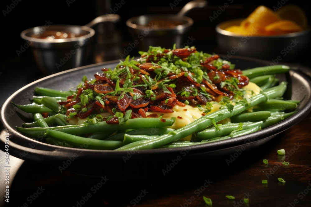 Wall mural Appetizing green bean casserole. Traditional American cuisine. Popular authentic dishes. Background with selective focus