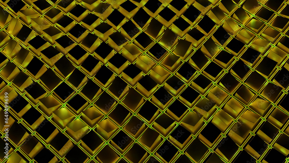 Poster square mesh with waves and glitter. action. grid of squares moves in waves on black background. virt