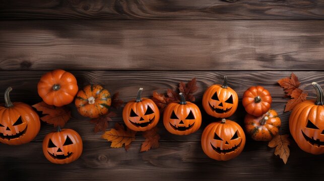 Нalloween background with pumpkins and maple leaves on a wooden table, Top view, copy space for text