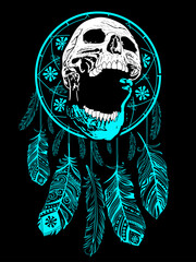 Skull t-shirt design with dream catcher on black background.