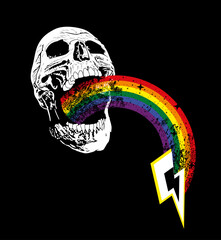 T-shirt design of a skull with a rainbow coming out of the mouth and the symbol of thunderbolt. Good illustration for gay pride day