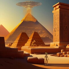 Fototapeta na wymiar sphinx and pyramid, alien, spacecraft, landscape, landmark, landing, powerful, fantasy, technology, engineering, digital, design, energy, UFO, pharaoh, king,castle, ruined, illustration, ancient city,