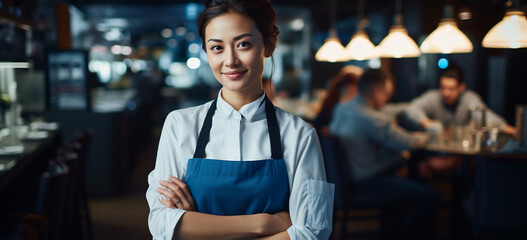 young asian american waitress on hotel restaurant - obrazy, fototapety, plakaty
