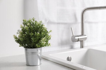 Artificial potted herb on white marble countertop near sink in kitchen, space for text. Home decor