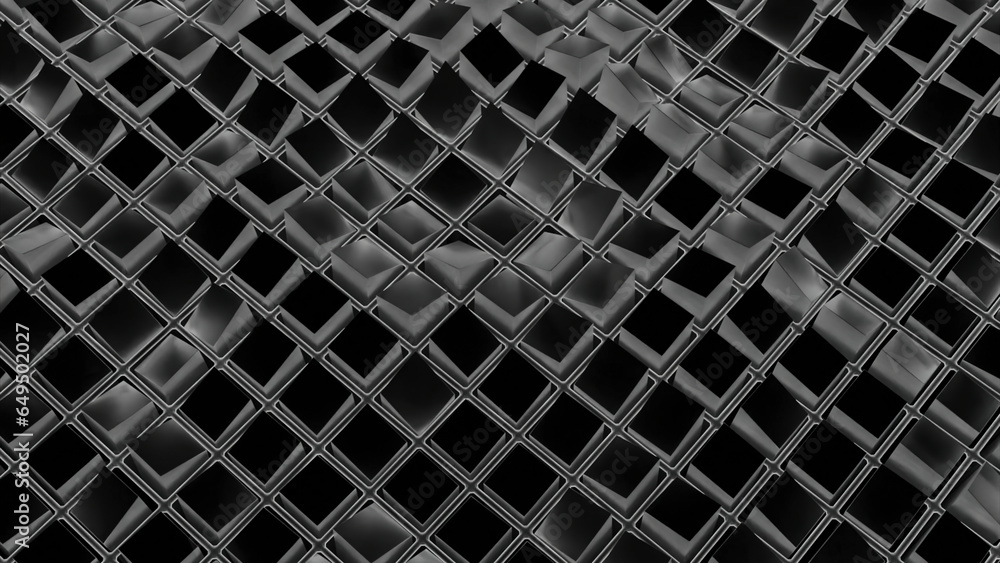 Poster square mesh with waves and glitter. action. grid of squares moves in waves on black background. virt