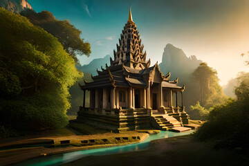 Fototapeta premium Ancient Ta Promh temple in the jungle, background AI generated illustration.