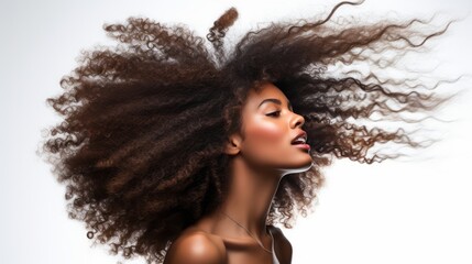 closeup of beautiful black african american young female model woman shaking her beautiful afro hair in motion. ad for shampoo conditioner hair products. isolated on white background. Generative AI - obrazy, fototapety, plakaty