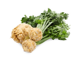 Fresh raw celery roots with stalks isolated on white