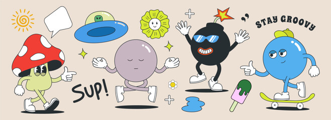 Set of groovy 70s characters and elements. vintage sticker collection, planets, ufo, ice cream, mushroom, bomb, and abstract shape. vector illustration