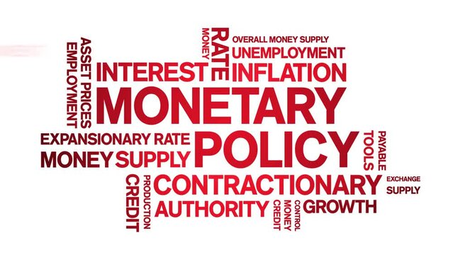 Monetary Policy animated tag word cloud;text design animation kinetic typography seamless loop.