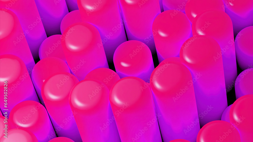 Poster Bright colored columns move in 3d animation. Design. Stylish modern animation with 3d cylinders in motion. Bright columns move in waves