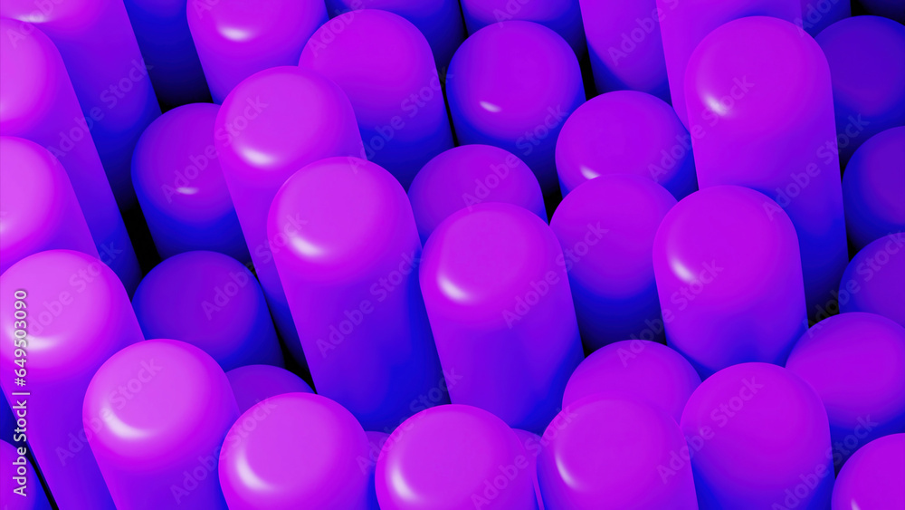 Poster Bright colored columns move in 3d animation. Design. Stylish modern animation with 3d cylinders in motion. Bright columns move in waves
