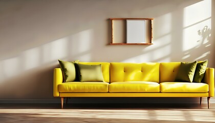 Light yellow sofa against moody wall with art frame. Rustic minimalist home interior design of modern living room.