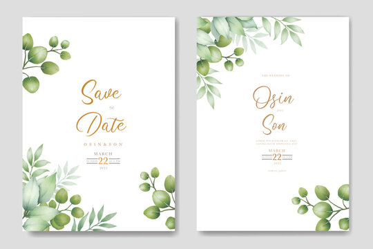 Green Leaves Watercolor Wedding Invitation Card Template  