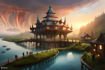 2d digital illustration concept art fantasy world manga style huge castle