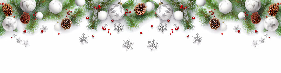 White balls on white with fir branches, Christmas background. Christmas. The balls are hanging. Banner. Wallpaper. Copy space. Generated AI. Edited in Photoshop.