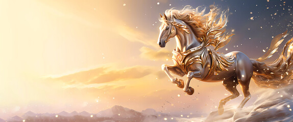 A golden horse with a mane gallops against a beautiful background of clouds. Banner. Copy space. Generated AI. Edited in Photoshop. - obrazy, fototapety, plakaty