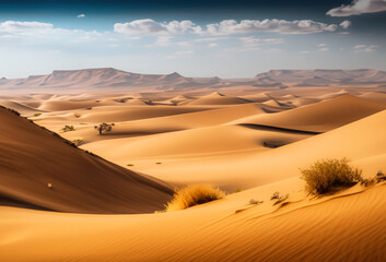Fototapeta na wymiar Vast and arid desert, towering sand dunes. Desolate landscape, a solitary oasis.