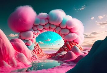 Surreal landscape dream world. Candied world Cotton Candy Arch land.