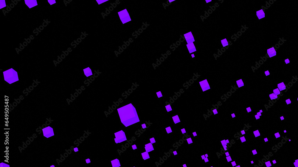 Poster squares pulsate in stream. design. colored 3d squares fly on black background. stream of virtual 3d 