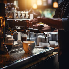 Fototapeta na wymiar Barista, machine making coffee, blurred background, coffee shop atmosphere. Espresso machine pouring liquid into cup, in the style of selective focus