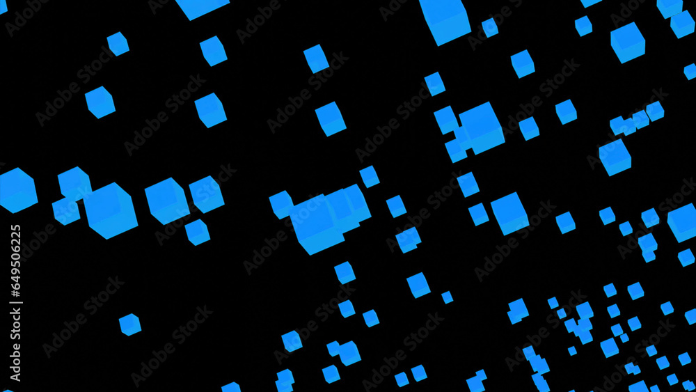 Aufkleber squares pulsate in stream. design. colored 3d squares fly on black background. stream of virtual 3d 