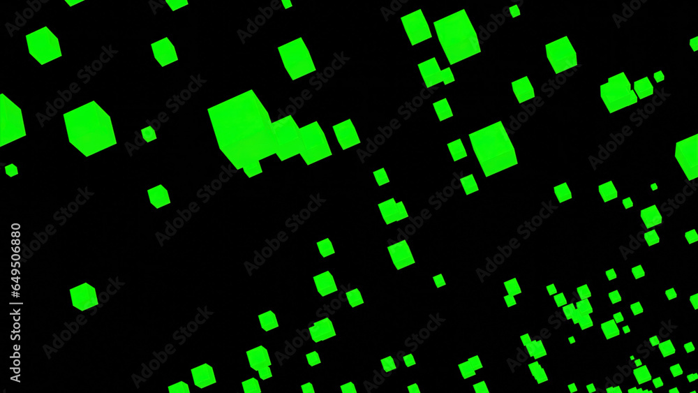Poster squares pulsate in stream. design. colored 3d squares fly on black background. stream of virtual 3d 