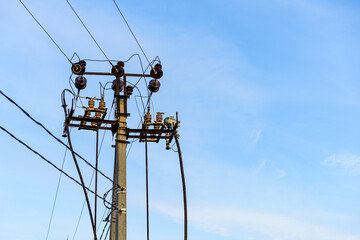 Pole wires. Background with selective focus and copy space