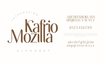 Kafriomozilla premium luxury elegant alphabet letters and numbers. Elegant wedding typography classic serif font decorative vintage retro. Creative vector illustration