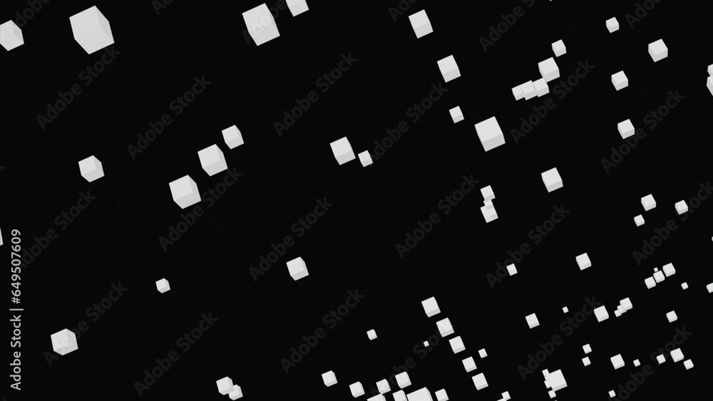 Poster 3d cubes are moving in virtual stream. design. flying stream of colored cubes on black background. v