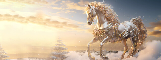 A white and gold horse runs across the sky. Clouds. Banner. Copy space. AI generated. Edited in Photoshop. - obrazy, fototapety, plakaty
