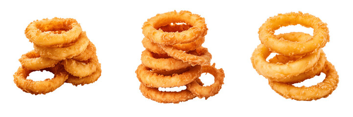 a set of three Fried onion rings isolated on a transparent background