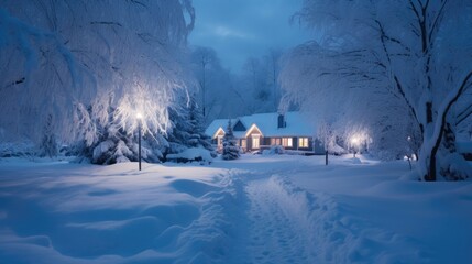 Blankets of snow sparkle in the moonlight, turning the world into a glistening winter wonderland.