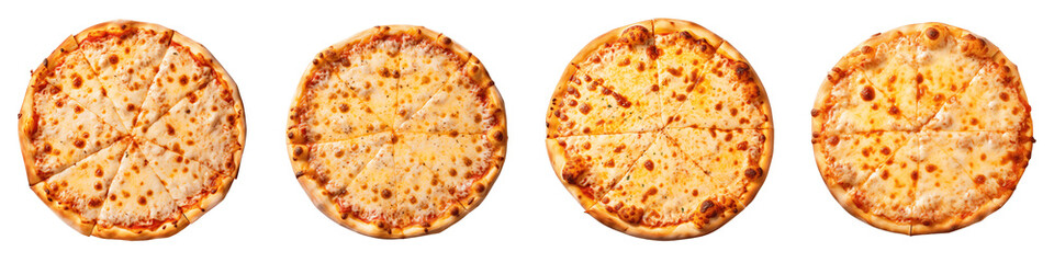 a set of freshly baked Cheese pizzas isolated on a transparent background