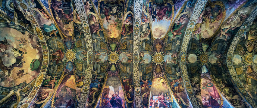 Spain, Valencia, Low angle view of frescos on ceiling in Co-cathedral of Saint Nicholas of Bari